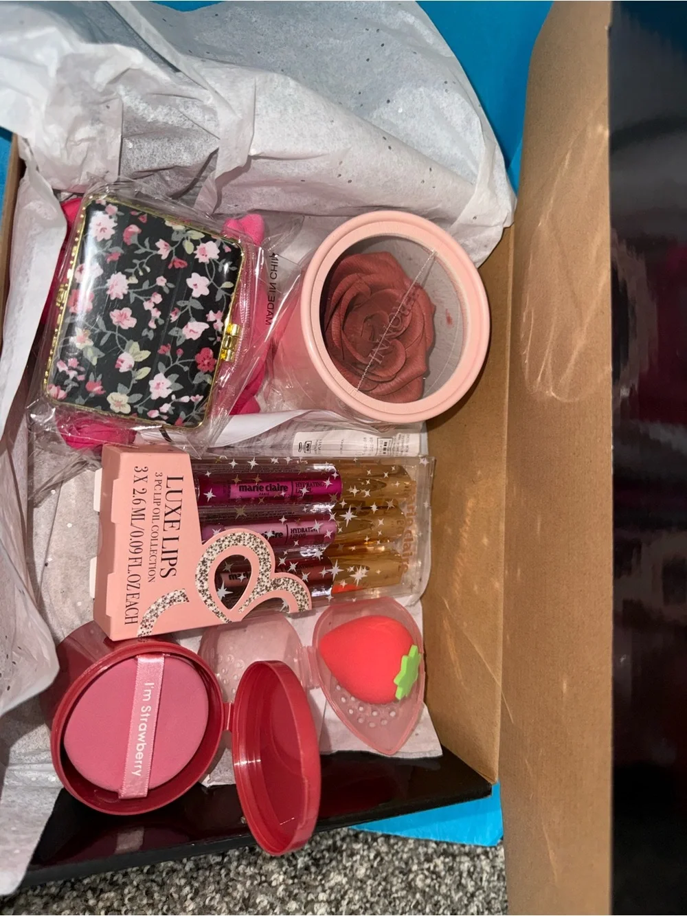 Makeup Beauty Sponge Set and Lip Gloss Kit - Pink/Strawberry large gift box